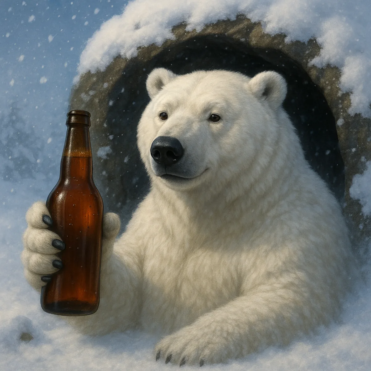 The Bear Cave polar bear mascot holding a bottle outside a snowy cave